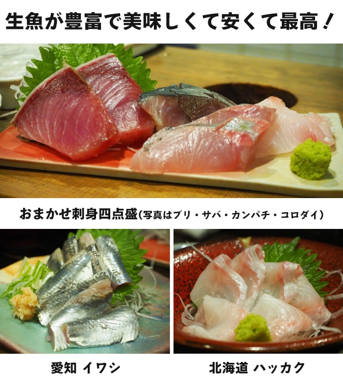 生魚が豊富で美味しくて安くて最高！おまかせ刺身四点盛、イワシ、ハッカク